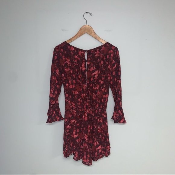 Free People Romper Size Small Red Pink Floral "All  The Right Ruffles" Faux-Wrap - Picture 7 of 12